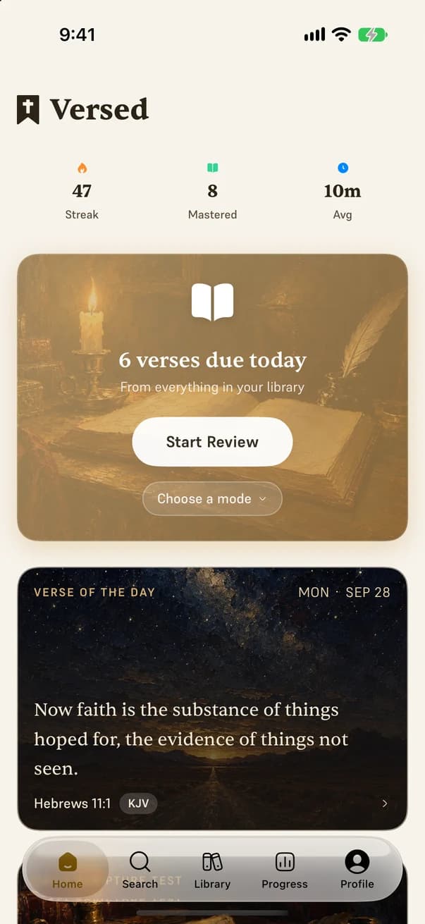 The Versed home screen: a 47-day streak, six verses due today and the verse of the day