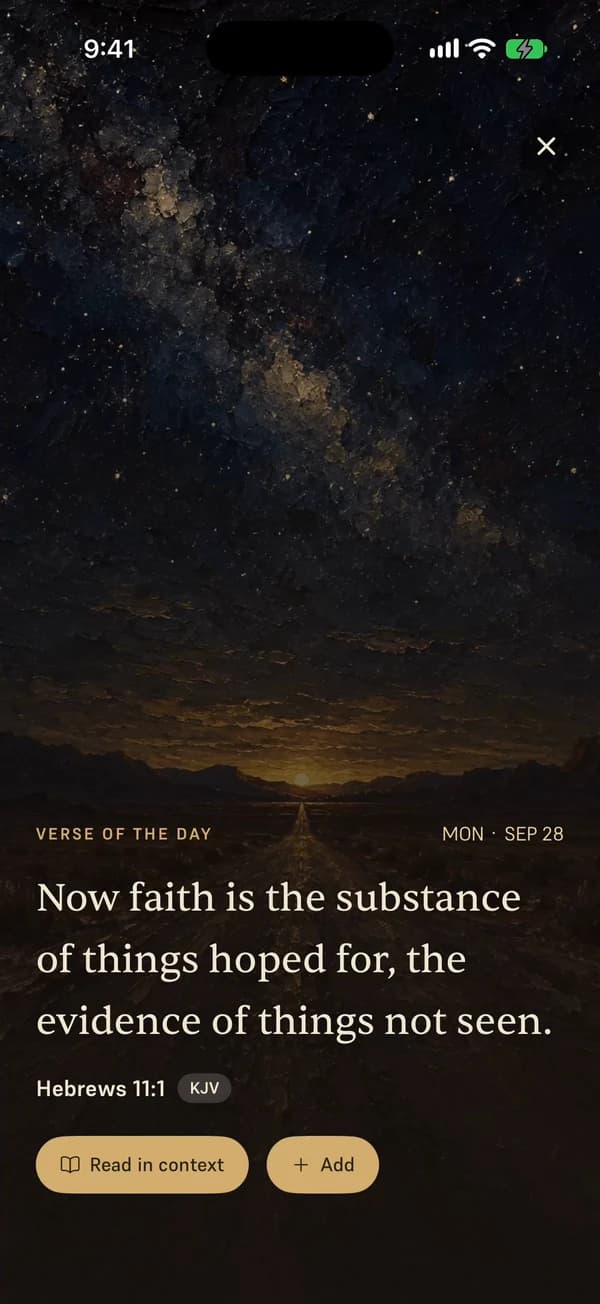 The verse of the day in Versed, Hebrews 11:1 over a painting of a starry night